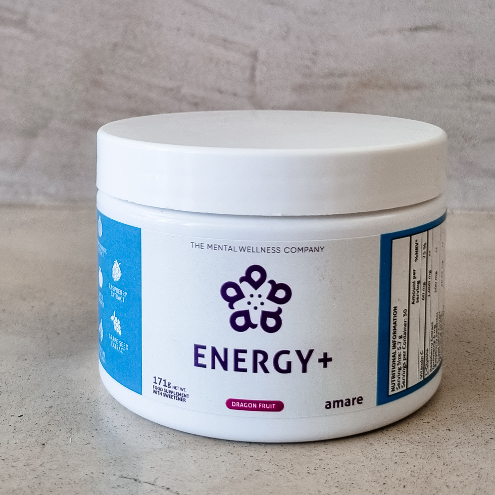 Envase de Energy+, vitaminas para tener energía y ánimo naturales de la marca Amare Happy Juice.